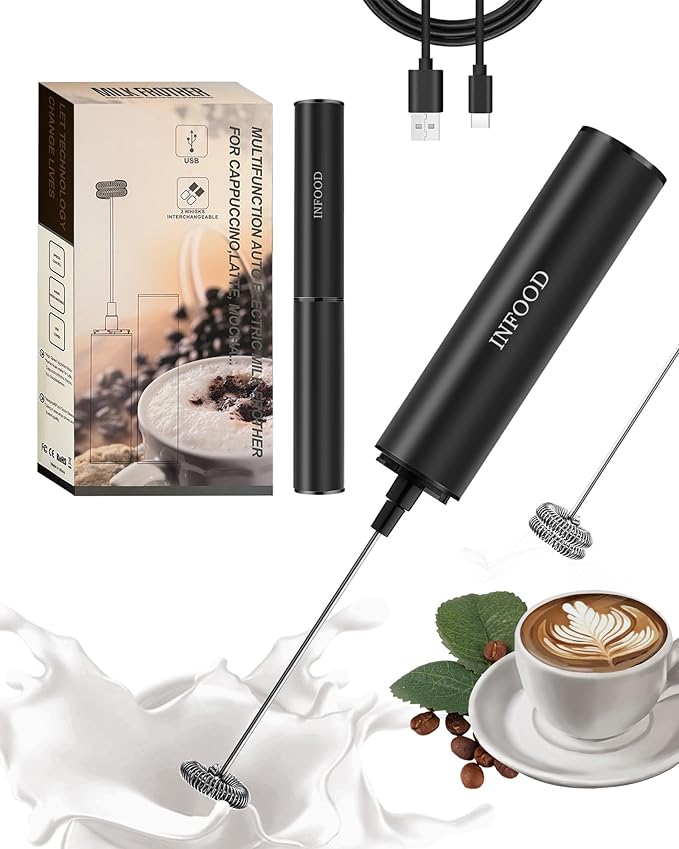 INFOOD Rechargeable Milk Frother with Cover, 2-Speed, 2 Whisks, Black | Stainless Steel Body and Whisks, 2 Detachable Heads, for Lattes, Cappuccinos, Hot Chocolate, and Egg