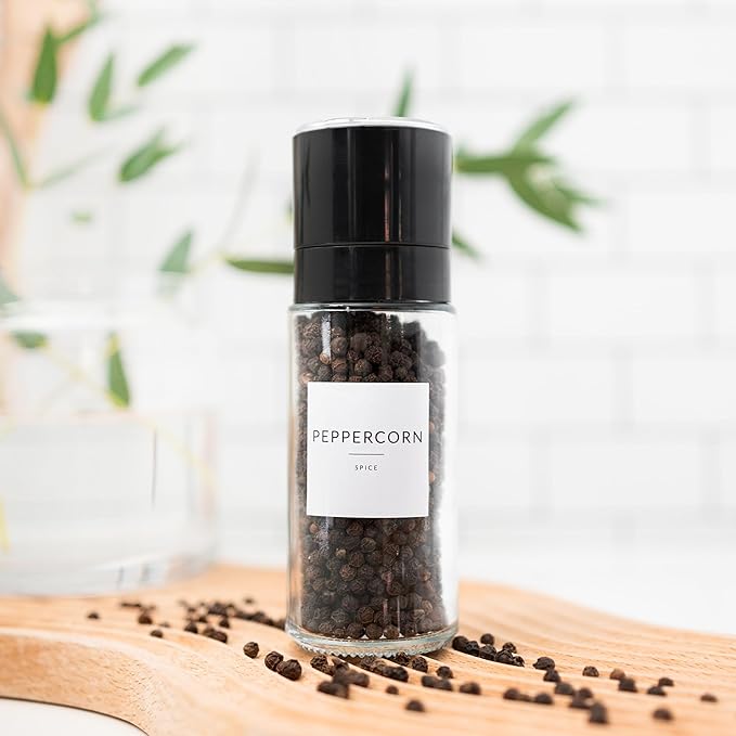 SAVVY & SORTED Glass Spice Jars with Label, 24PK Round Bamboo Jar Spices Set 4oz, 374 Spice Labels, Pepper Grinder, Empty Herb Seasoning Containers, Funnel and Shaker Lids