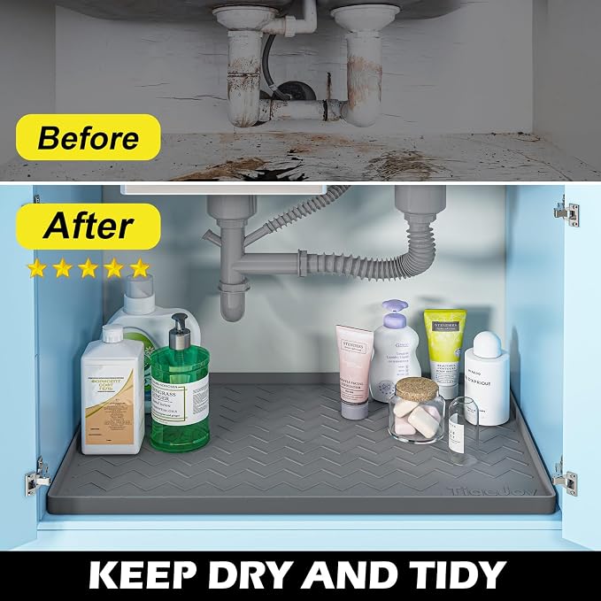 TigeJoy Under Sink Mats for Kitchen Waterproof 28" x 22", Cabinet Liner | Leak-Proof Silicone Mat Sink Protector, Kitchen Essentials Organizer and Storage,Boot or Shoe Tray, Pet Feeding Mat