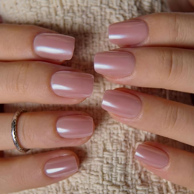 CurvLife Short Square Fall Press On Nails, Pink Pearl Clean Girl, Acrylic | 32PCS, 16 Sizes, Salon-Quality Natural Fake Nails, Curved Fit, 7-14 Day Glue-On Wear, Reusable Stick-On Nails, Press-On Kit