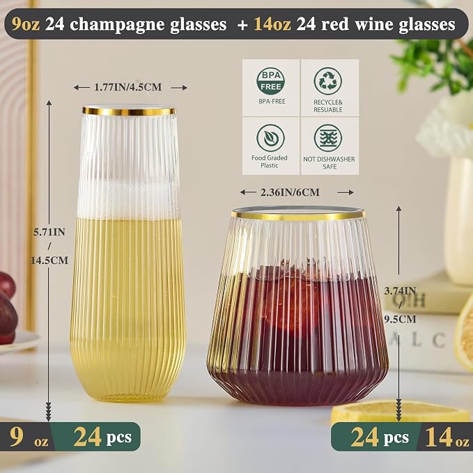 56 Pack Plastic Wine Glasses Champagne Flutes, 32 Pcs 9 OZ & 24 Pcs 14 OZ | Plastic Wine Glasses,Plastic Champagne Flutes,Unbreakable,Shatterproof,Recyclable,Wedding,Disposable, Birthday,BPA-Free