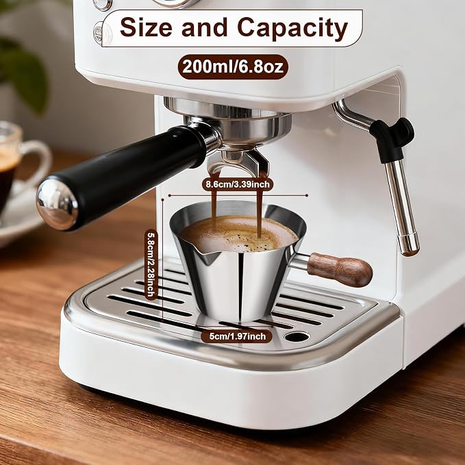 Amrules Espresso Cup, 6.8 oz/200 ml Stainless Steel Coffee Shot Measuring Cup with Wood Handle, Double V-Shaped Mouth and Clear Scale for Cappuccino Barista Coffee Bar Accessories, Silver