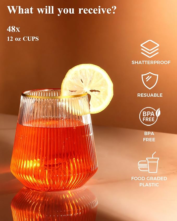 BESTSTAR 96 Pack Gold Rim Plastic Ribbed Origami Ripple Plastic Glasses Set | 48 9OZ Stemless Champagne Flutes & 48 12OZ Cups, BPA-Free Shatterproof Clear Drinkware for Weddings, Parties & Events