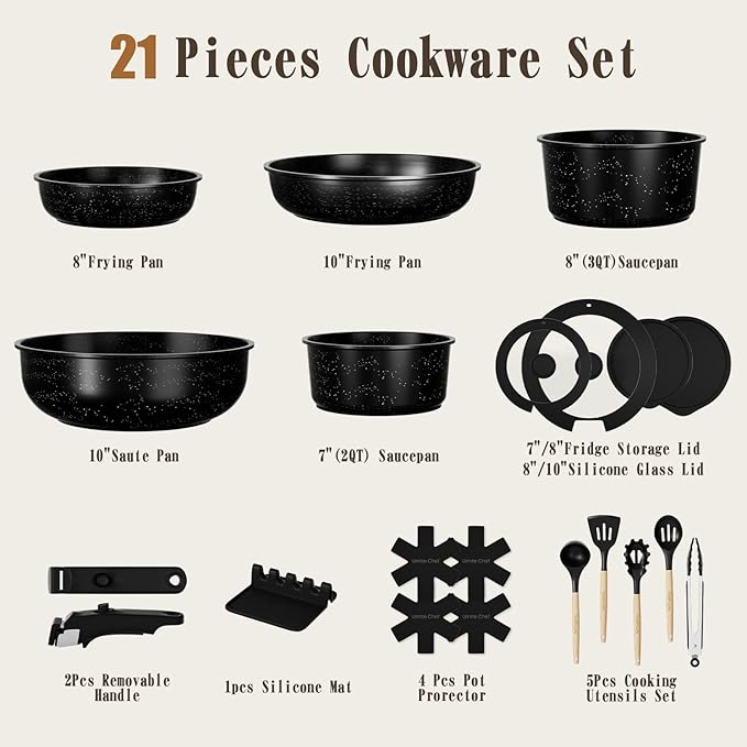 Umite Chef 21Pcs Pots and Pans Set Non Stick, Nonstick Ceramic Cookware Sets Detachable Handle, Non Toxic Healthy Induction Cookware, Kitchen Cooking Set, with Frying Pans Set, Dishwasher/Oven Safe