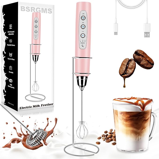Milk Frother Wand Rechargeable Handheld Whisk Coffee 3 Speed Adjustable | Electric Whisk Drink Mixer with Stainless 3 Whisks Hand Frother , Foam Maker for Latte Cappuccino Matcha Egg Silver
