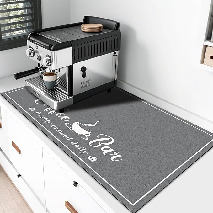 CooRug Fashion Coffee Mat, Dish Drying Mat 17" x 32" Dark Grey | Hide Stain, Absorbent, Coffee Bar Accessories, Heat Resistant, Non-slip, Eco-friendly, Easy to Clean