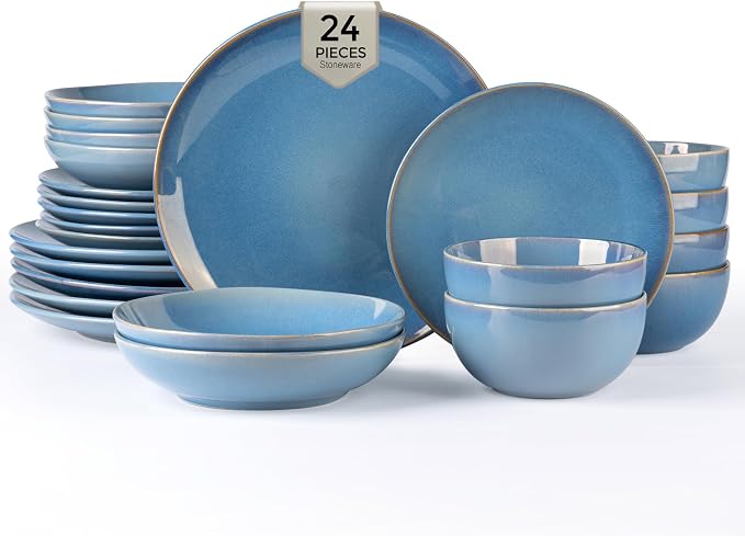 GBHOME Dinnerware Sets for 6, 24 Pieces Ceramic Plates and Bowls Set | Scratch Resistant Stoneware Dishes Set, Dishwasher & Microwave Safe, Reactive Glaze-Blue