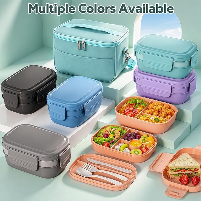 HOMETALL Bento Box Adult with Insulated Lunch Bag - 3 Stackable Leak-Proof Lunch Box Containers for Women & Men - BPA Free Lunchbox with Utensil Set (Spoon, Knife, Fork) for Work, Picnic, Dining Out