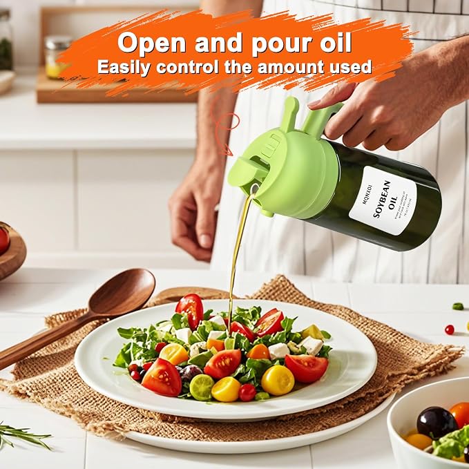 Olive Oil Sprayer for Cooking, 16oz Glass 2 in 1 Oil Dispenser Bottle | Light Blocking, BPA-Free Food Grade, Fine Mist Precise Control, Air Fryer BBQ Salad, Leakproof Anti-Clog, Pre-Printed Labels