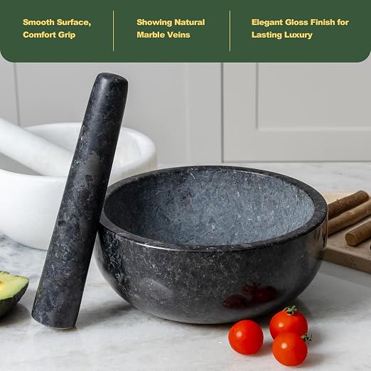 Granite Mortar and Pestle Set, 8" Extra Large Grinder Bowl for Guacamole, Salsa, Pill Crusher, Spice, Herb, Garlic, Nut, Heavy Duty Grinder for Kitchen