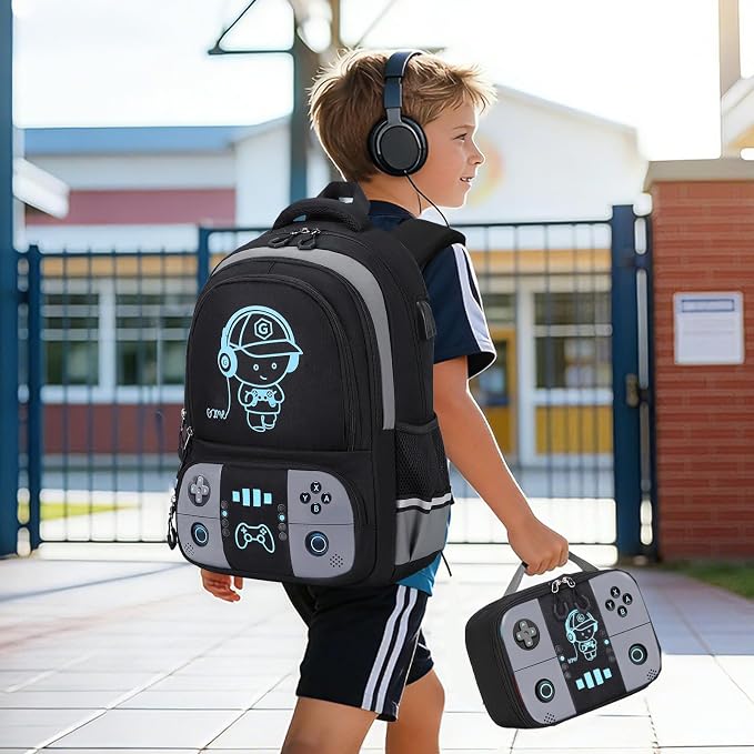 Backpack for School Boys, Cool Luminous Gamer Boys Schoolbag | with Lunch Box & Pencil Case Set for Kids Teens Elementary Middle School, Bookbag Glow In The Dark