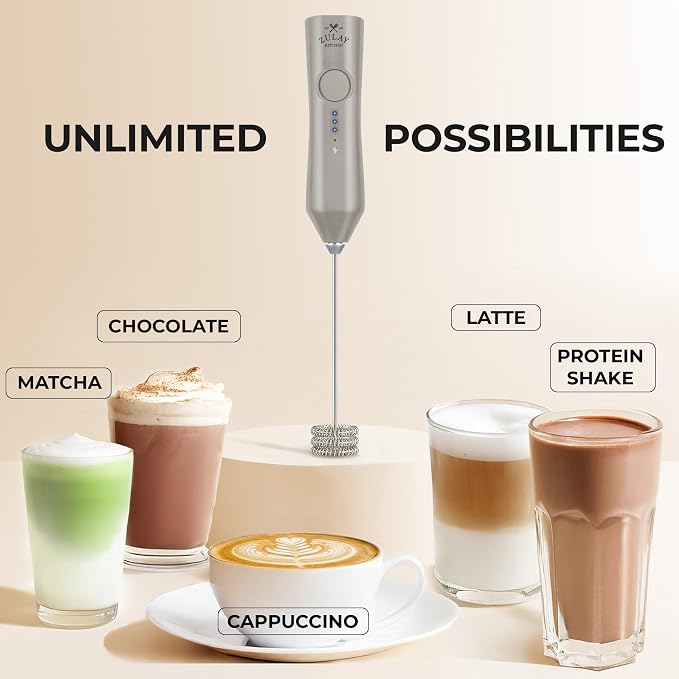 Zulay Kitchen Rechargeable Milk Frother Handheld - Frother Wand, Drink Mixer, Electric Whisk Frother, for Cappuccinos, Matcha & Protein Powder - Dynamic Triple Whisk, 3 Speed 500mAh Light Gray