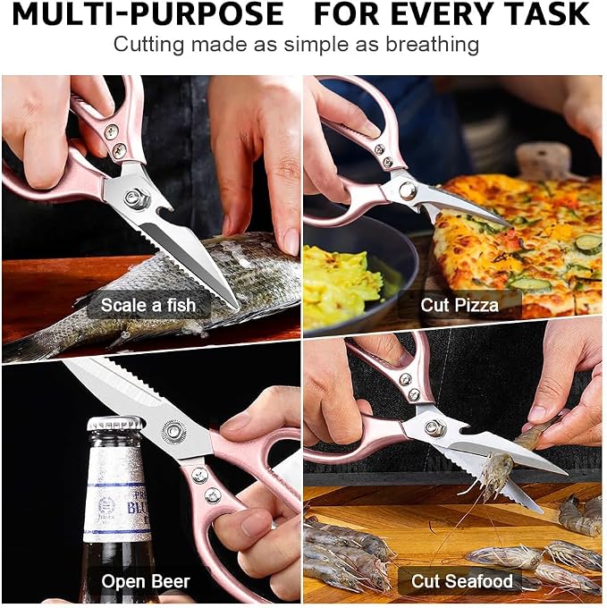 2 Pack ONEBOM Kitchen Shears,Kitchen Scissors Heavy Duty Serrated Blade for Cutting Meat, Food, Fish, Poultry Sharp Scissors, Apartment Kitchen Accessories,Gift Herb Scissor(Rose Glod)
