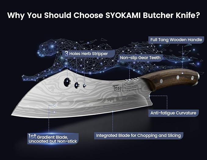 Butcher knife for Meat Cutting, 10 Inch Cleaver with Herb Stripper | Japanese Style High Carbon Steel Kitchen Chef Knife for Chopping & Slicing, Full Tang Wood Handle, Damascus Pattern