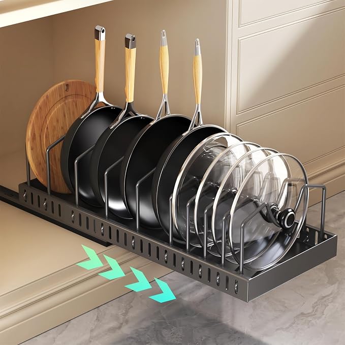 Pull Out Pots and Pans Organizer Under Cabinet, Expandable Sliding Lid Holder and Pan Rack for Kitchen, Slide Out inside Cabinet for Pot Lid, Bakeware, Dishes, 10 Adjustable Dividers, 1 Pack Black