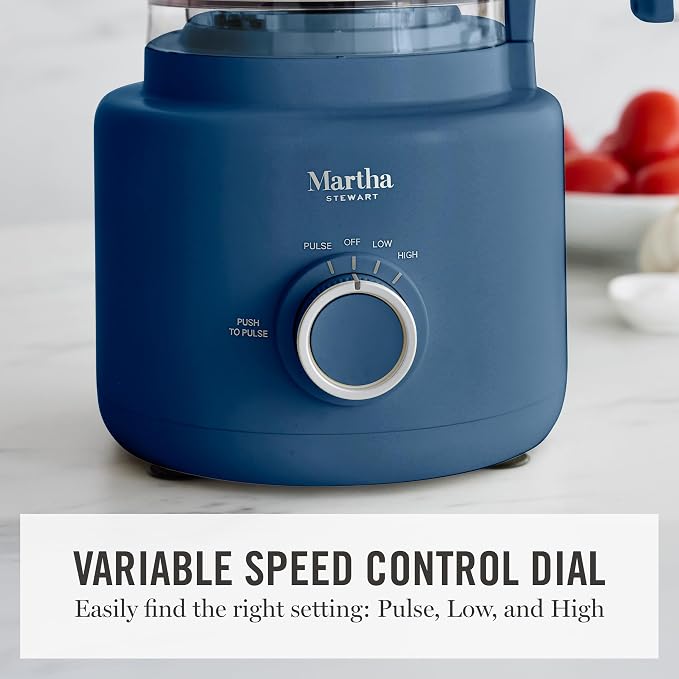 Martha Stewart 10 Cup Food Processor & Electric Chopper, One Touch Pulse | BPA-Free Bowl, 3 Multipurpose Blades, Easy Food Prep, Chop, Slice, Shred, Puree, Emulsify, Speed Dial, Wide Feed Chute, Navy
