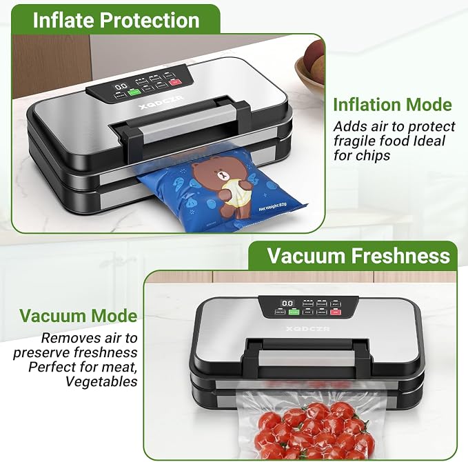 95kPa Vacuum Sealer Machine, Dual Pump, Vacuum & Inflate, Double Heat Seal | 10-in-1 Food Vacuum Sealer with Easy-Lock Handle, Built-In Cutter, Bag Storage, Hose & 2 Bag Rolls, Stainless Steel Design