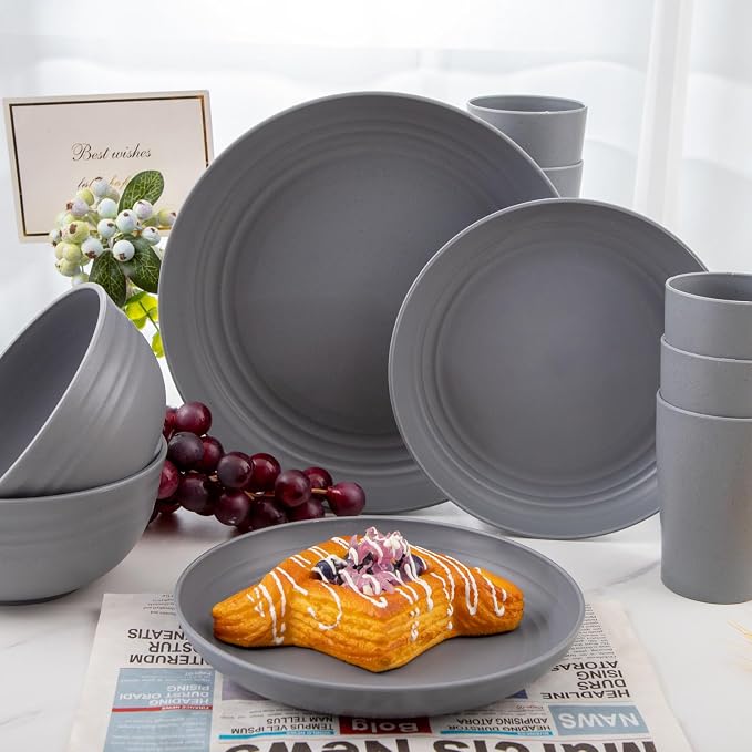 32 Pcs Dark Grey Wheat Straw Dinnerware Sets For RV And Dorm Room | Unbreakable Reusable Plastic Plates And Bowls Sets Feature Light Weight Design For Outdoor Camping And Everyday Dining