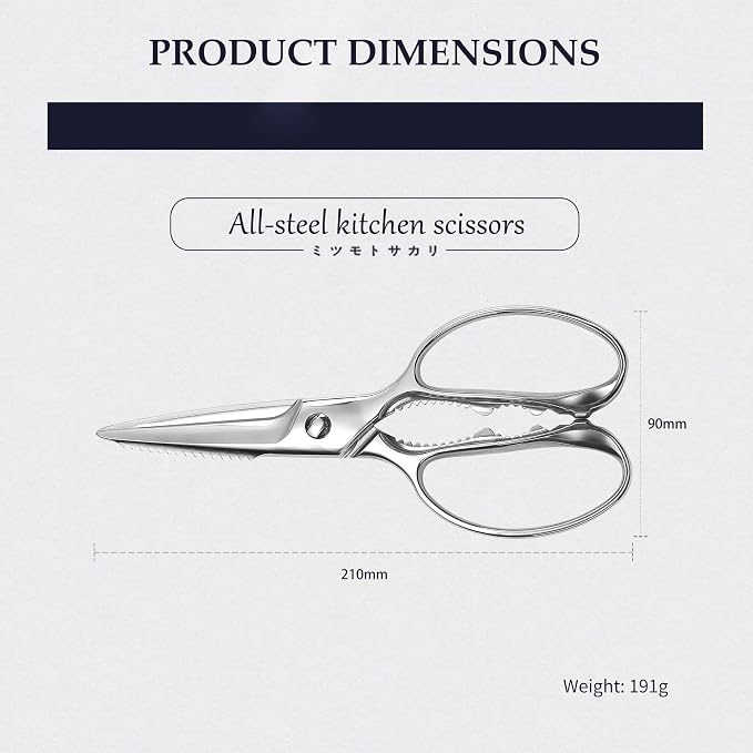 MITSUMOTO SAKARI 8 Inch Kitchen Scissors & Poultry Shears, Removable | 1.4116 Mo-V All Steel, Serrated Edge Design, Bottle & Can Opener, Magnetic Fridge Storage, Left & Right Hand Use
