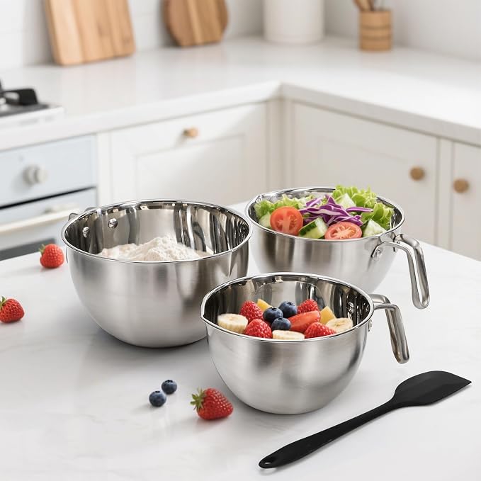 3 Pieces 304 Stainless Steel Mixing Bowls, 1.3/2.1/2.6 Quart Mixing Bowl Set with Handle, Pour Spouts & Measurement Marks, Metal Nesting Bowls with Silicone Spatula for Baking Cooking