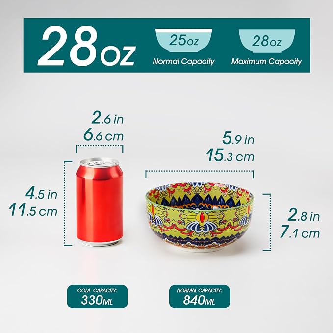 vancasso Cereal Bowls Set of 6, 28oz Porcelain Soup Bowls, Colorful | Bowls for Eating, Bohemian Ceramic Bowls for Salad, Fruit, Pasta, Microwave & Dishwasher Safe Bowls Set, Stackable Design