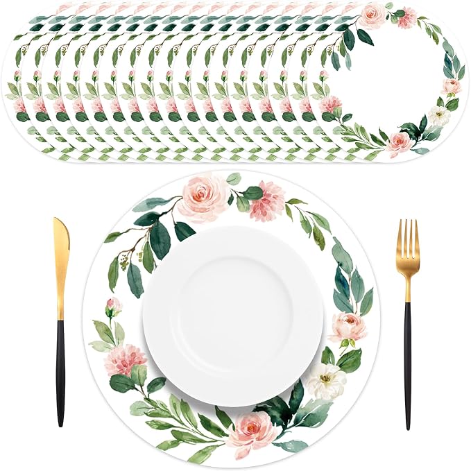 50 Pack Paper Placemats Disposable Pink Floral Wedding Placemats 13.7 Inch Rose Floral Round Place Mats Summer Table Mats for Birthday Wedding Anniversary Bride Party Supplies