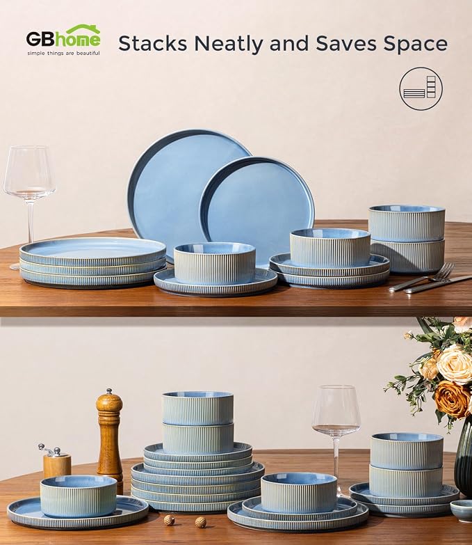 GBHOME Stoneware Dinnerware Sets for 4, 12-Piece Plates and Bowls Set | Handmade Reactive Glaze Ceramic Dish Set, Scratch Resistant, Dishwasher&Microwave Safe,Alaskan Blue