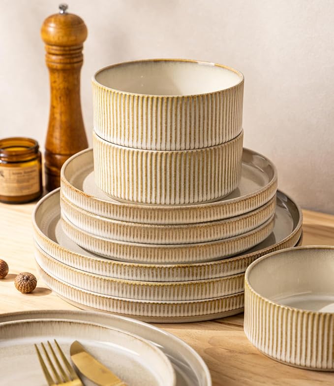 GBHOME Stoneware Dinnerware Sets for 4, 12 Pieces Plates and Bowls Set | Lightweight Ceramic Ribbed Dishes,Reactive Glaze Stackable Plate Set,Scratch Resistant,Microwave & Dishwasher Safe,Cappuccino
