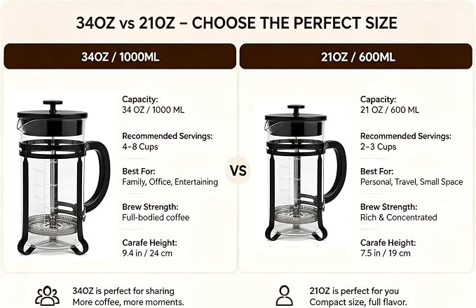 French Press Coffee Maker 21oz, Glass Coffee Press With Extra Filter-Black | Thickened Glass Stainless Steel, for Coffee, Cold Brew,Tea & Cocoa