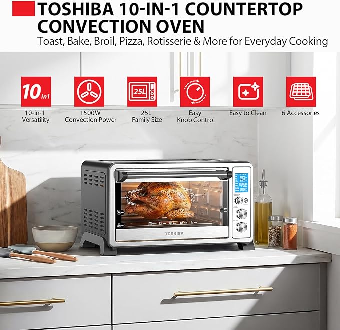 TOSHIBA 10-in-1 Convection Toaster Oven, 6-Slice Countertop Oven, 1500W | Bake, Broil, Rotisserie & Pizza Functions, LCD Knob Controls, 6 Accessories, with Toast, 1500W, Stainless Steel