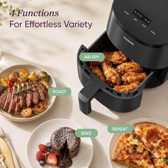 Cosori Lite 2.1 Qt Small Air Fryer, Max 400°F, 4-in-1, 97% less oil, Gray | Ideal for dorms, apartment, RVs, Quiet, Touch control, Air Fry, Bake, Roast, Reheat, Nonstick inner, Dishwasher-Safe Basket