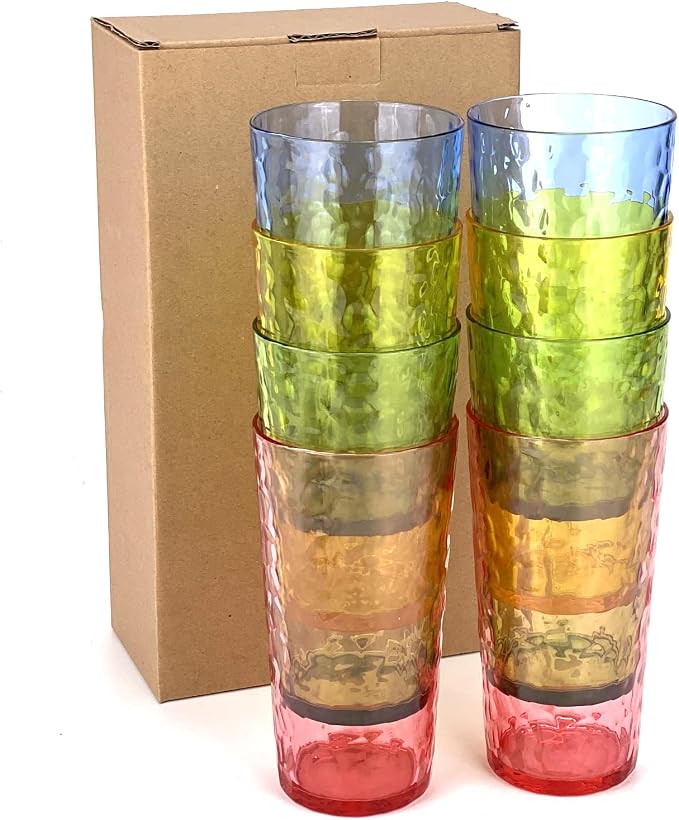 Yalin 24-Ounce Plastic Tumbler Acrylic Drinking Glasses, Reusable Plastic Cups, Stackable, BPA-Free, Shatter Proof, Dishwasher Safe, Set of 8 (Multicolor)