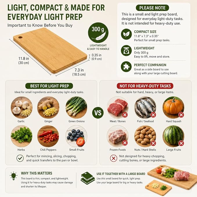 Small Bamboo Cutting Board for Garlic, Ginger, Herbs & Fruit, Solid One-Piece Bamboo Construction, Compact Mini Prep Board, Naturally Odor Resistant, 11.8 x 7.3 Inch