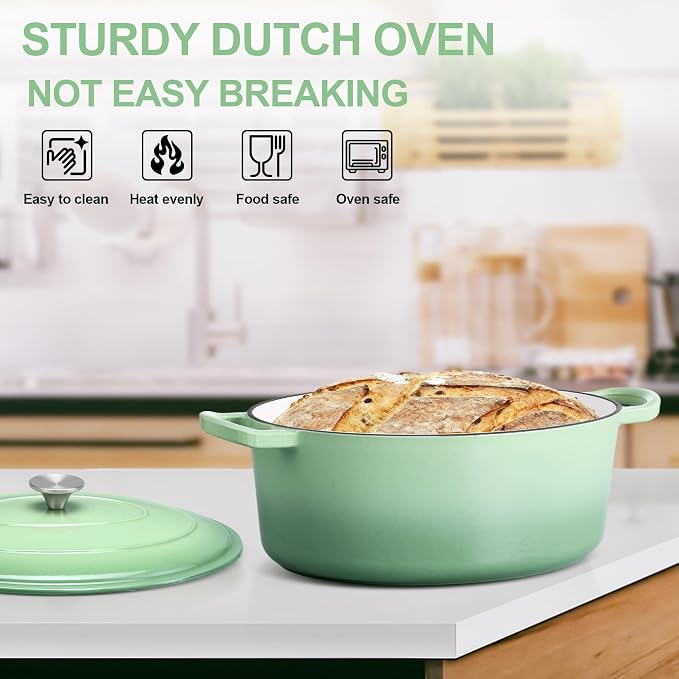 E-far 7QT Oval Dutch Oven Pot with Lid, Green Enameled Cast Iron Dutch Oven | with Dual Handles for Homemade Sourdough Bread Baking Cooking, Nonstick Enamel Coated Cookware, Non-Toxic & Easy Clean
