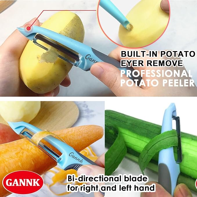 GANNK Potato Apple Vegetable Peelers for Kitchen, I and Y Peelers for Fruit Veggie Potatoes Carrot Cucumber, 3 in 1 Blade Spin Design With Julienne Multifunctional