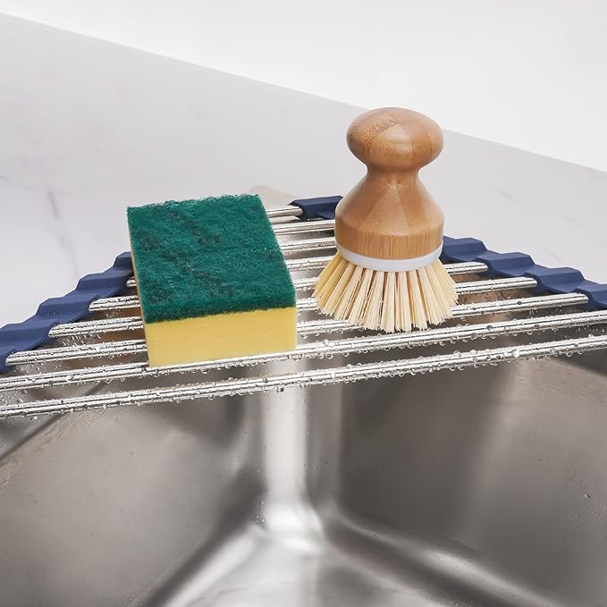 Tomorotec Triangle Roll-Up Dish Drying Rack for Sink Corner Small Foldable Stainless Steel Over The Sink Multipurpose Kitchen Drainer Caddy Organizer Storage Shelf Holder (Deep Blue) | BPA-Free Food-Grade Silicone Edges Foldable Waterproof Rustproof He...
