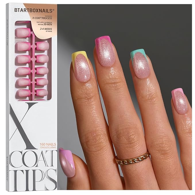 BTArtboxnails XCOATTIPS Pastel French Tip Press On Nails, S Square, Cat Eye | Lamp-Curable 4-Week Wear, Salon Quality Value at Home, Natural Nail Look, Easy-to-Apply for Beginners, 160ct Nail Tips Only