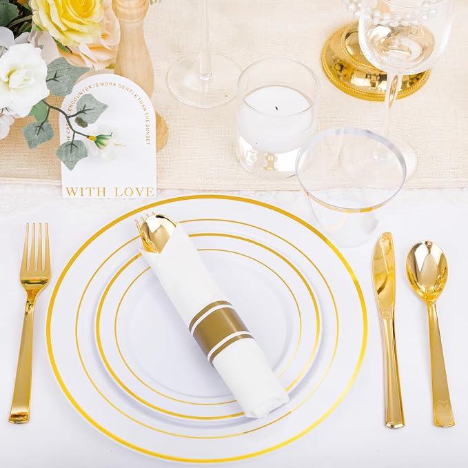 DaYammi 210PCS Gold Plastic Dinnerware Set Gold Plates Disposable Disposable Plates for Party Include: 30 Dinner Plates,30 Dessert Plates,30 Pre Rolled Napkins with Gold Silverware,30 Cups for Wedding