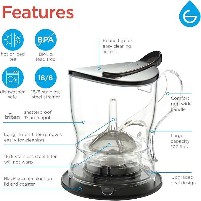 GROSCHE Aberdeen Smart Tea Maker BPA-Free Tea Infuser Black 17.7 oz (525ml) | Drip-Free Bottom Dispenser, Coaster, Easy Brewing, Simple Cleanup, Tritan Build, Loose-Leaf Steeping, Stylish Design
