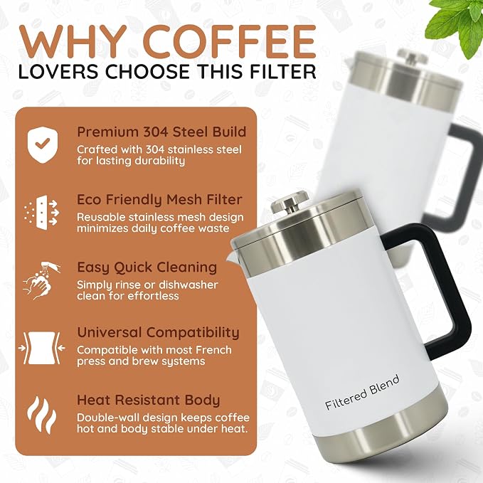 54 oz French Press Coffee Maker, Stainless Steel, Double Filter, White | French Press Coffee Maker, Stainless Steel, Double Mesh Filter, Hot & Cold Brewer, Travel Friendly Gift, White