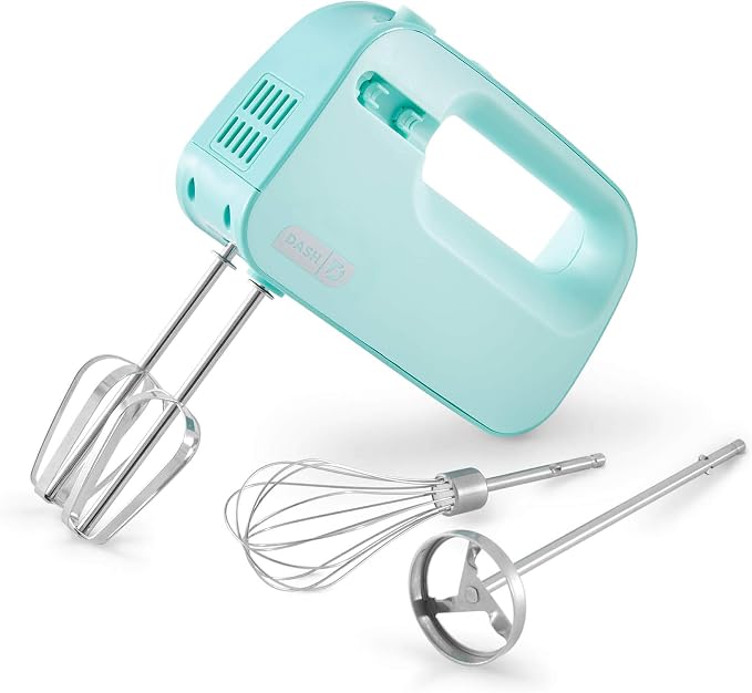 Dash SmartStore Hand Mixer - Electric Handheld Mixer For Everyday Baking - 3-Speed Power and One-Touch Beater Ejector Button - Aqua, Includes Whisk and Milkshake Attachments
