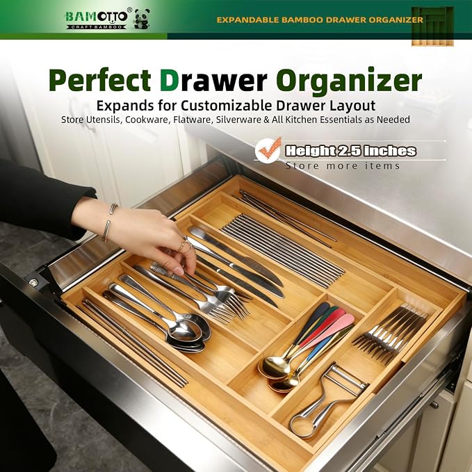 BAMOTTO CRAFTBAMBOO Expandable Bamboo Drawer Organizer for Kitchen, 8 Slot | Silverware & Cutlery Tray | Utensil Holder | 12.8"–20" Adjustable | Office & Bathroom | Flatware Organizer