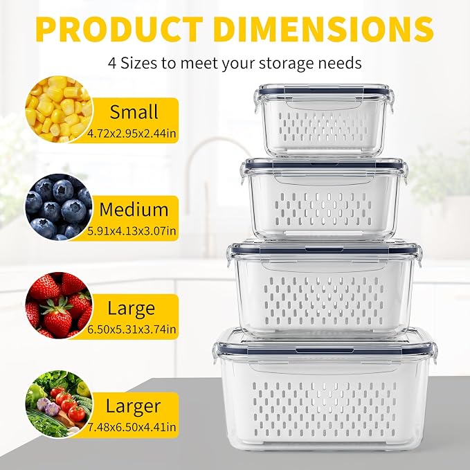 Berry keeper Fruit Storage Containers for Fridge with Removable Colander | 4 in 1 Food Storage Containers with Lids, Dishwasher Safe Easy to Clean, Keep Strawberry and Other Fruit Fresh Longer, 4PCS
