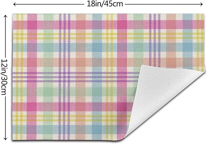 Spring Plaid Placemats Set of 4, Easter Colorful Buffalo Plaid Decorative Table Mat 12 x 18 Inch Heat Resistant Non Slip Line Fabric Place mat for Holiday Party Kitchen Dining Decor