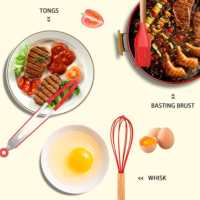MIBOTE Silicone Cooking Kitchen Utensils Set, Wooden Handle, Red | BPA-Free, Non-Toxic Silicone Turner, Tongs, Spatula, Spoon Set – Great for Nonstick Cookware, Heat-Resistant, Easy Clean