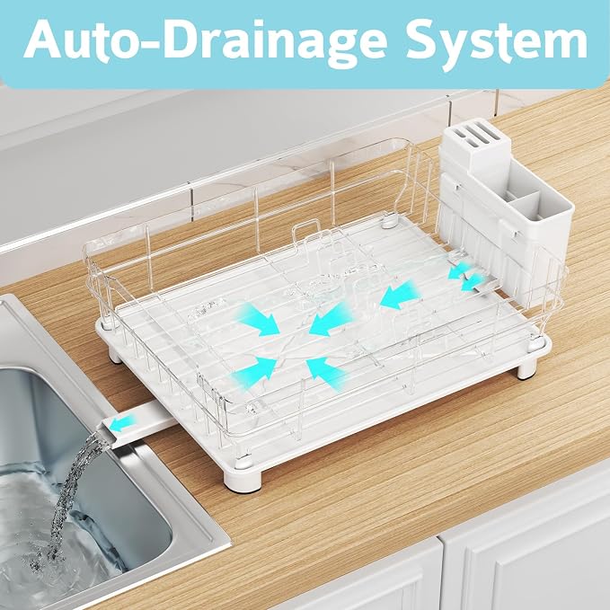 Dish Drying Rack - Space Saving Dish Rack - Dish Racks for Kitchen Counter with Drainboard,Rustproof Dish Drainer with Removable Utensil Holder,White