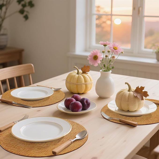 Cotton Linen 15 Inch Round Cloth Place mats, Set of 4, Amber | Washable Table Mats, Heat Resistant, Reversible, Wipeable Place Mats for Indoor Outdoor