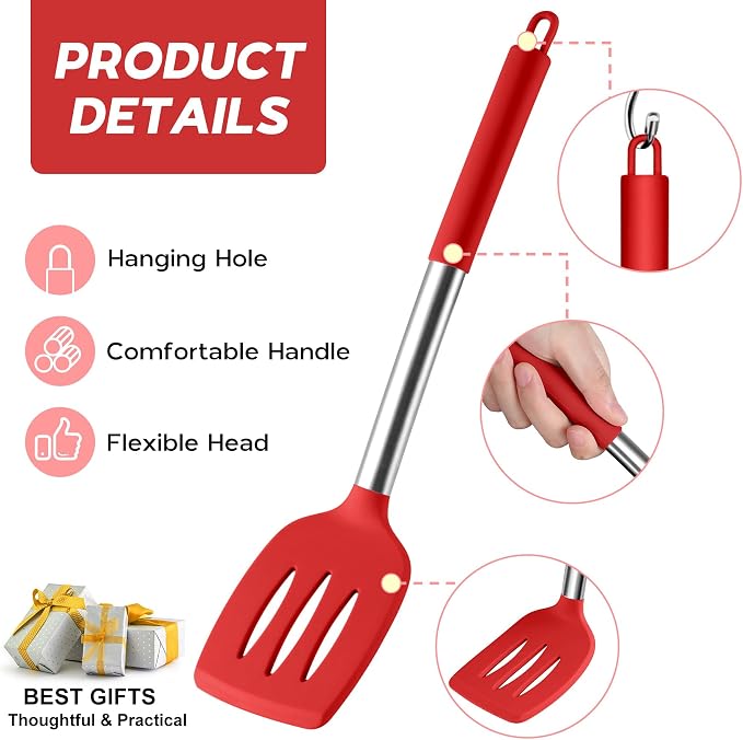 Onader 10 Pieces Silicone Kitchen Utensils Set, Cooking Utensils with Holder and Heat Resistant Stainless Steel Handle for Nonstick Cookware -Red
