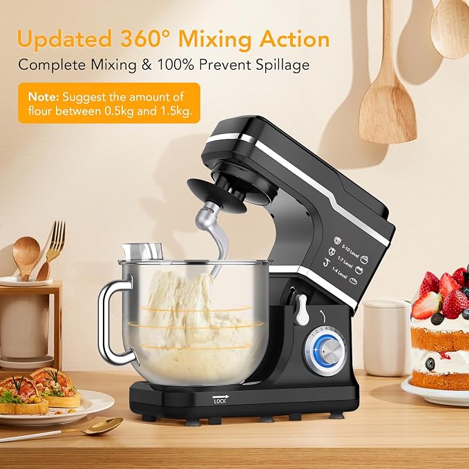 7.5 Qt Stand Food Mixer for Home Cooks, 660W Tilt-Head Electric Kitchen Mixer with 10 Speeds, Stainless Steel Bowl & Attachments for Baking and Dough Hook, Whisk, Beater, Splash Guard, Black
