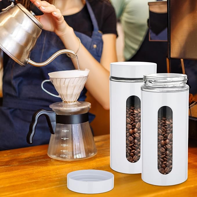 6 Pack Kitchen Canisters Set Airtight Coffee Sugar Tea Storage Jars with Window Glass Stainless Steel Containers with Lids for Flour Cookies Spices Grains Kitchen Decorations(White,44 oz)